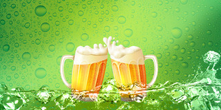 绿色黄色清爽啤酒冰块水滴夏日啤酒啤酒节展板背景夏日啤酒啤酒节背景